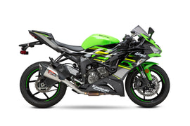 Yoshimura AT2 street exhaust for Kawasaki, stainless steel with carbon fiber finish, designed for performance and durability.