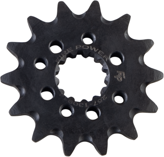 Steel Fire Power Front CS Sprocket 14T for motorcycle, showing the gear teeth and branding on the sprocket.