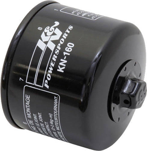 K&N oil filter 56-0160 showing the cylindrical metal filter with rubber sealing edges for automotive engine oil filtration