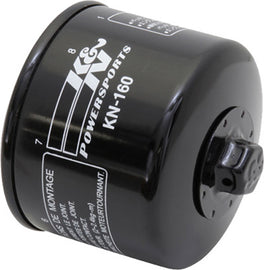 K&N oil filter 56-0160 showing the cylindrical metal filter with rubber sealing edges for automotive engine oil filtration