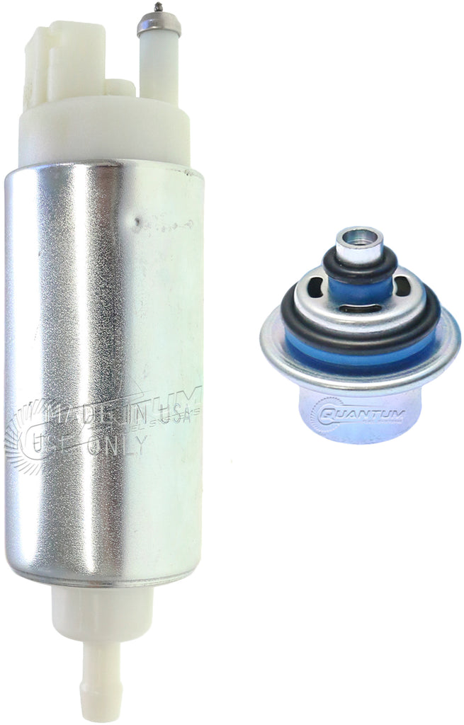 Quantum Walbro EFI fuel pump kit with pressure regulator installed in a vehicle's fuel system, showing the pump and regulator components.