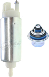 Quantum Walbro EFI fuel pump kit with pressure regulator installed in a vehicle's fuel system, showing the pump and regulator components.