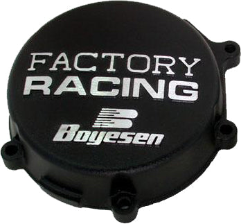 Boyesen Factory Racing Ignition Cover in black for street motorcycles, shown in close-up with brand logo visible.
