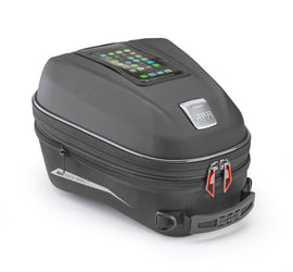 Black GIVI Tanklock tank bag with 15L capacity, lockable luggage for motorcycle, shown attached to a bike tank.