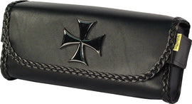 Willie & Max Maltese Cross tool pouch with black leather and silver hardware, featuring multiple compartments for tools.