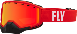 Fly Racing Focus snow goggles with red and white frame, red mirror and amber lens for winter sports protection.