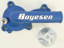 Boyesen waterpump cover and impeller kit in blue for street motorcycles, featuring detailed components and brand markings.