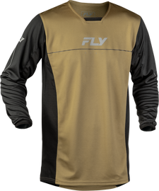 Fly Racing Patrol jersey in tan and black, displaying breathable fabric and athletic fit, size 3X.