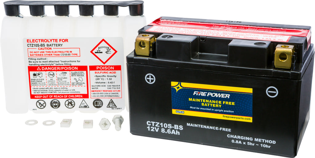 Fire Power Fire Power Battery Ctz10s-Bs maintenance-free 12V car battery with compact design and sturdy terminals.