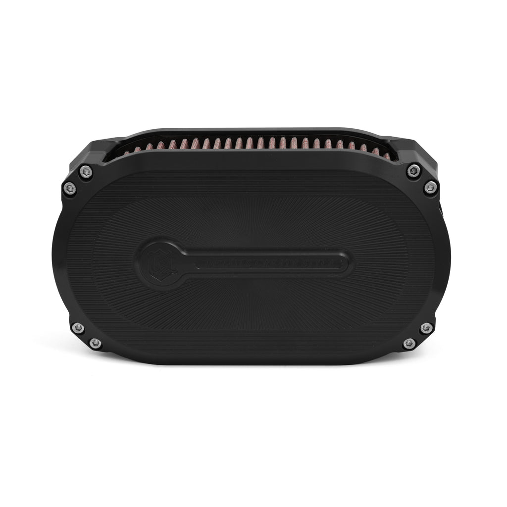Kens Factory M8 Air Cleaner for intake and fuel system, machined aluminum with detailed design, suitable for performance motorcycles.