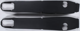Polisport Plastics black swingarm protectors for Yamaha YZ250 motocross bike, durable plastic guards with brand logo.
