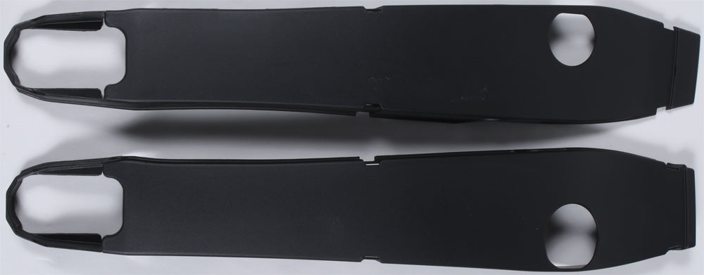 Black Polisport Plastics swingarm protectors for Yamaha YZ250 motorcycle, showcasing durable plastic guards with mounting hardware.