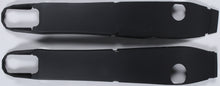 Load image into Gallery viewer, Black Polisport Plastics swingarm protectors for Yamaha YZ250 motorcycle, showcasing durable plastic guards with mounting hardware.