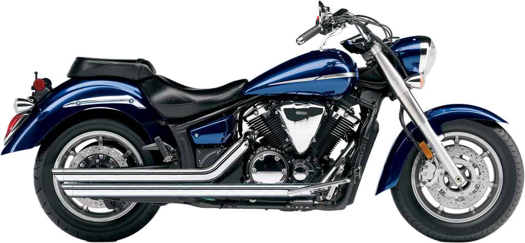 Cobra Speedster Slashdown exhaust for Yamaha V-Star 1300 motorcycle, model years 2007-2015, black metal with chrome accents