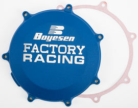 Boyesen Factory Racing Clutch Cover for Kawasaki engines, blue aluminum engine cover with Boyesen branding and detailed design.