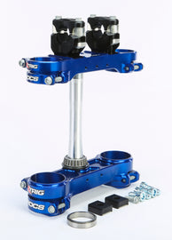 XTRIG Rocs Tech Clamp Set in blue, Husky 22mm motorcycle handlebar clamps, model 138-2110, shown on a motorcycle handlebar
