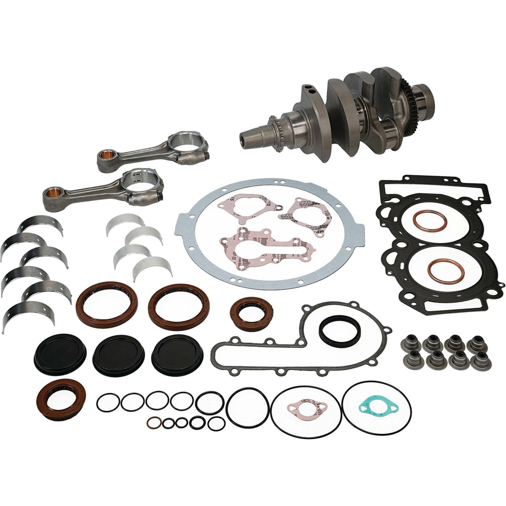 Hot Rods Bottom End Kit Pol 421-HR0123 engine components, including pistons, crankshaft, and connecting rods assembled on a workbench.
