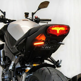 New Rage Cycles Fender Eliminator for Yamaha YZF, sleek black body with mounting components for motorcycle rear end installation.