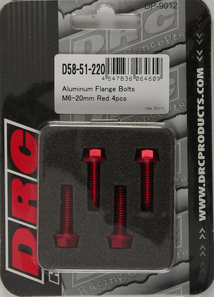 DRC Aluminum Flange Bolts Red M6x20mm, 4-pack, showing close-up of threaded bolts with flange head and red coating.