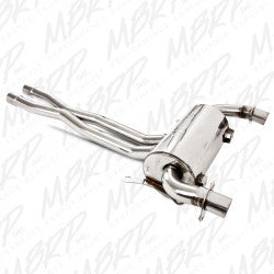MBRP Exhaust Performance Exhaust Standard Silencer showcasing the sleek metal body and inlet and outlet pipes for vehicle exhaust system.