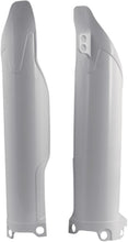 Charger l'image dans la galerie, Acerbis white fork guard for motorcycle suspension, showing the protective plastic cover with Acerbis branding and mounting points