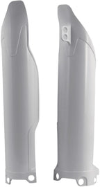 Acerbis white fork guard for motorcycle suspension, showing the protective plastic cover with Acerbis branding and mounting points