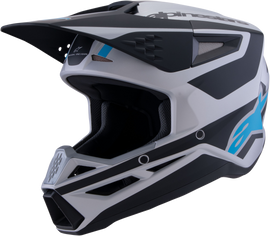 Alpine Star Sm3 Heat Helmet in silver, blue, and black matte finish, featuring aerodynamic design and ventilation for motorcycle riding safety.