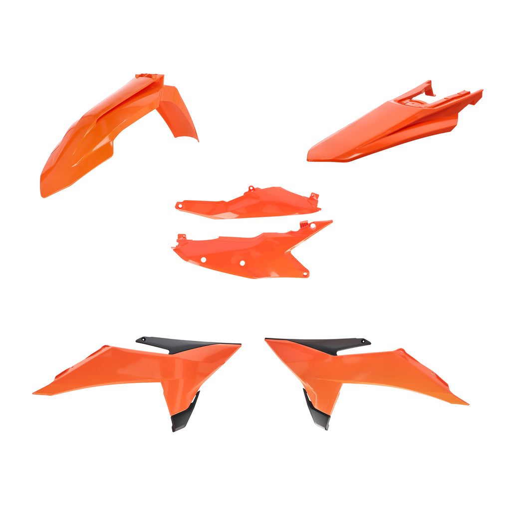 Acerbis plastic body kit for KTM motorcycle, featuring black and white panels with brand logo and mounting areas visible.