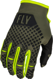 Fly Racing Kinetic gloves in olive green and hi-vis, large size showing textured fabric and secure wrist closure.