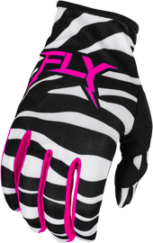 Fly Racing Lite Uncaged gloves in black, white, and neon pink, large size, showcasing lightweight racing glove design.