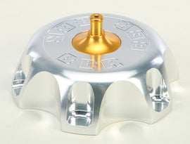 Close-up of a black bbr Billet Gas Cap 80-9505 for motorcycle fuel tanks, featuring a sleek, durable design.