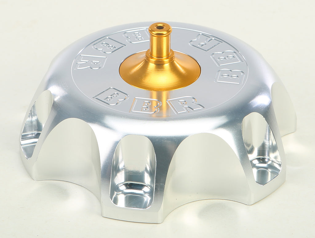 bbr billet gas cap 80-9505, close-up of shiny aluminum motorcycle fuel cap with engraved bbr logo