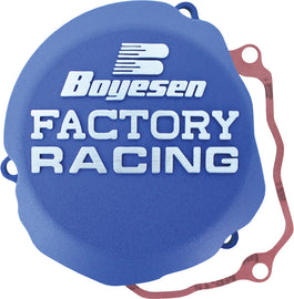 Boyesen Factory Racing Ignition Cover in blue for off-road motorcycles, showcasing the durable protective engine cover.
