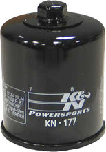 Load image into Gallery viewer, K&amp;N Oil Filter 56-0177 showing the black cylindrical filter with metal top and side grip for easy installation.