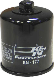 K&N Oil Filter 56-0177 showing the black cylindrical filter with metal top and side grip for easy installation.