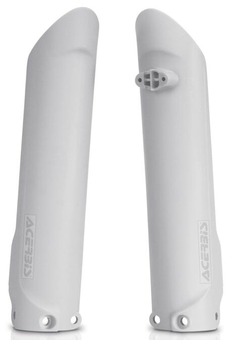 White Acerbis fork covers for motorcycle suspension, showing the sleek, durable covers designed to fit Acerbis fork components.