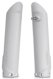 White Acerbis fork covers for motorcycle suspension, showing the sleek, durable covers designed to fit Acerbis fork components.