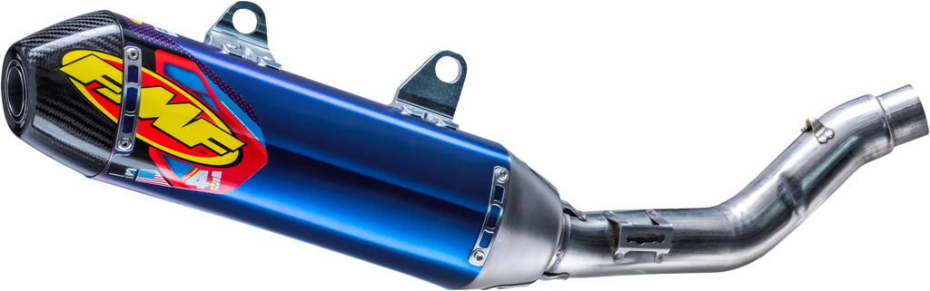 FMF Racing Factory 4.1 RCT slip-on titanium exhaust with carbon cap, showing sleek metallic finish and compact design.