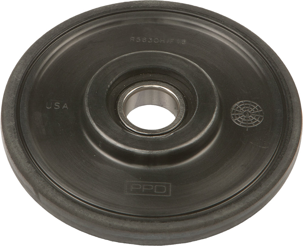 Black PPD idler wheel, 5.63-inch diameter and 25mm width, used as a replacement wheel in machinery or conveyor systems.