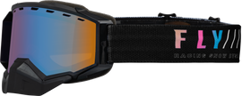 Fly Racing Zne Snow S.E. goggles in black with sunset accents, sky blue mirror and amber lens, designed for winter sports eyewear.