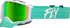Fly Racing Zone snow goggles with mint and white frame, green mirror and amber lens for winter sports eyewear.