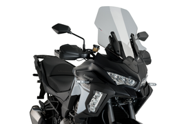 PUIG Touring Smoke Windscreen for Kawasaki street motorcycle, showcasing the tinted, aerodynamic design on a Kawasaki bike.