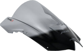 PUIG Racing Smoke Windscreen for motorcycle, clear black windshield with aerodynamic design and branding details.