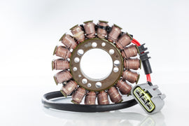 Ricks Motorsport Electric Stator 27-21410 for motorcycle electrical systems, showing the coil and mounting points on a metal frame.