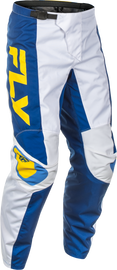 Fly Racing F-16 motocross pants in white, dark blue, and yellow, size 42, featuring durable fabric and racing style details.