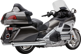 Cobra Slip-On Exhaust with scalloped tips for Honda Goldwing GL1800 2012-2017, black finish, shown on motorcycle.