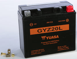 Yuasa GYZ20L FA sealed factory-activated lead-acid battery for automotive use, with black case and positive/negative terminals visible.