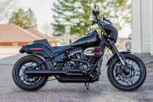 Load image into Gallery viewer, FireBrand Grand Prix 2-1 stainless steel motorcycle exhaust for Softail models 2018-2023 with forward foot pegs, shown from side view.