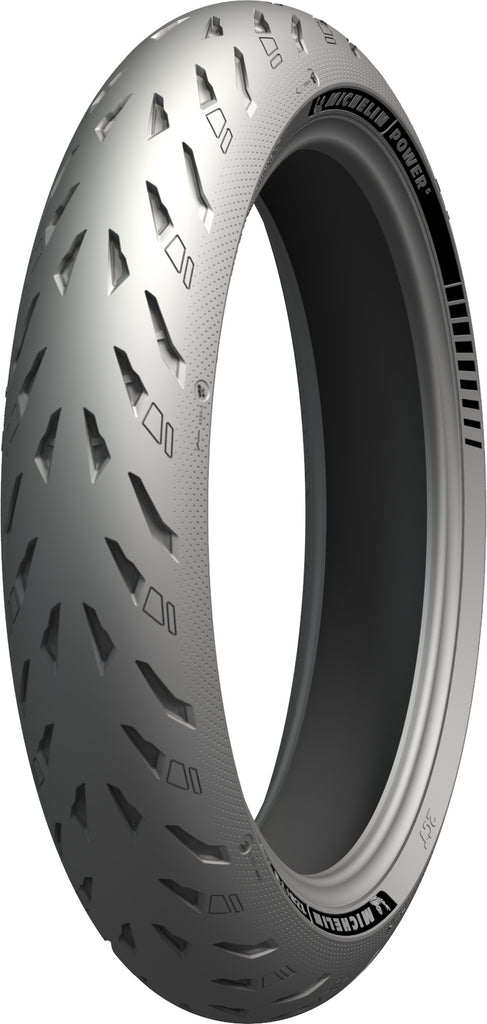 Michelin Power 5 front motorcycle tire 120/70ZR17 radial with tread pattern and sidewall details for optimal grip and performance