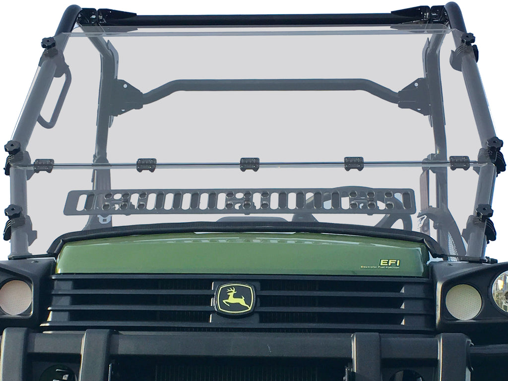 Spike Powersports fold windshield for John Deere utility vehicle, featuring clear durable glass and black frame.